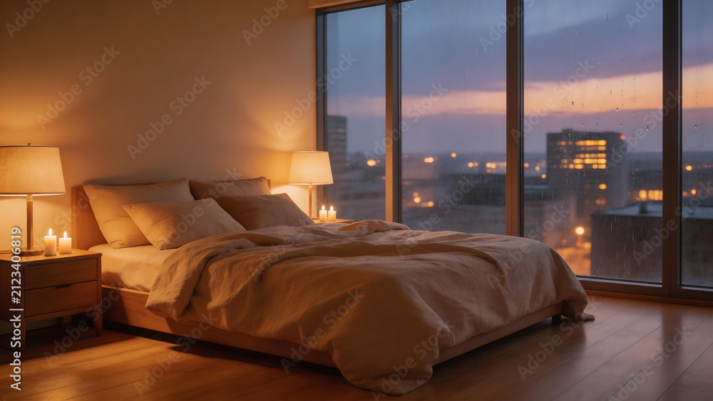 Obraz premium Cozy bedroom with city view at dusk