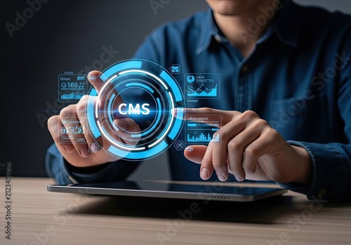 Man Interacting with Futuristic CMS Interface on Digital Tablet.