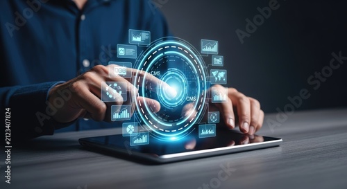 Futuristic Technology Interface with Glowing Digital Elements and User Interaction.