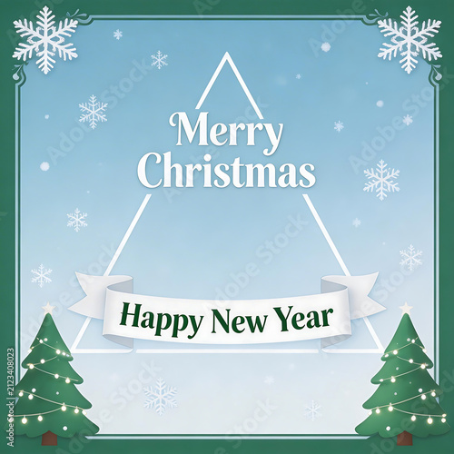 Christmas greeting card with trees and snowflakes