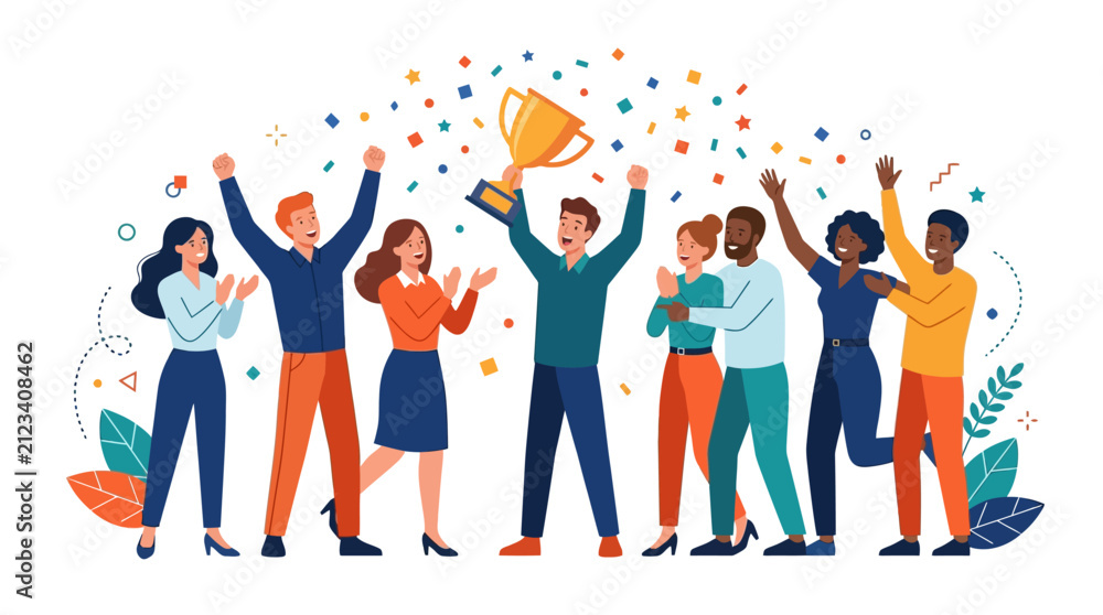 Obraz premium Diverse team celebrating victory with trophy and confetti, achievement concept