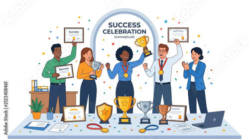Diverse Team Celebrating Success with Trophies and Awards