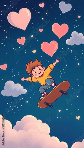 Adorable cartoon skateboarder soaring through starry night sky with heart-shaped clouds, joy, adventure