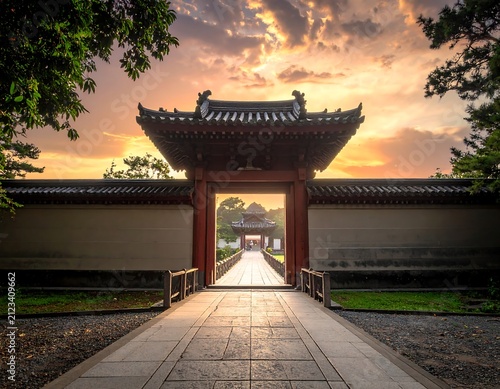 A serene Asian-style gatehouse at sunset with a walkway leading to another gate