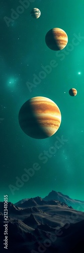 Cosmic landscape featuring planets in space against a green background, illustration, planetary system