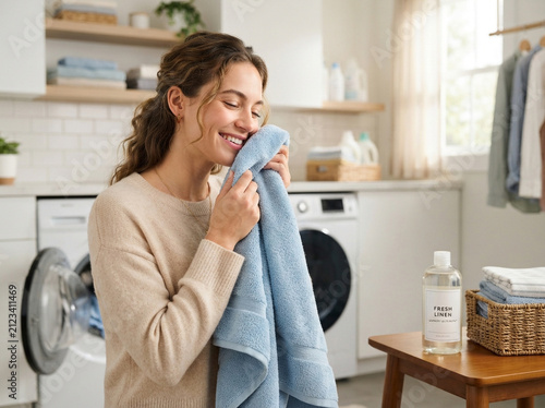Woman smelling fresh laundry. Happy housewife holding clean soft towel in home laundry room.