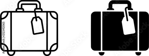 Suitcase icon set. Travel bag symbols in outline and solid black styles. Editable vector illustration on white background.