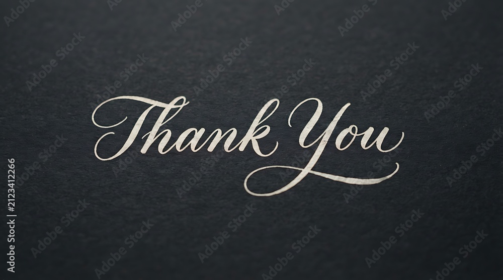 Fototapeta premium Elegant white calligraphy thank you message written on a dark textured black paper background.