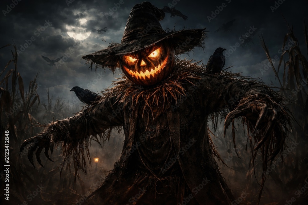 Fototapeta premium Eerie scarecrow under moonlight