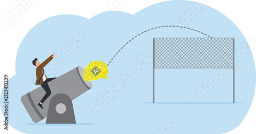 Foto Businessman shot from cannon over a loan hurdle net vector illustration