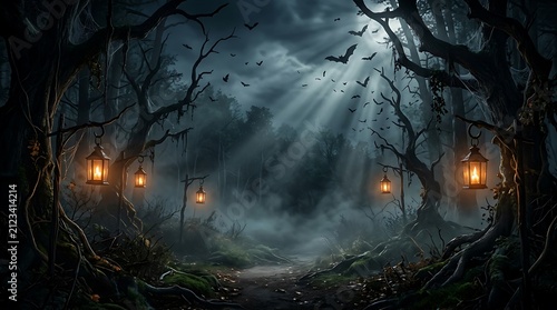 Haunted forest with glowing lanterns. Spooky woods at night with fog and flying bats.