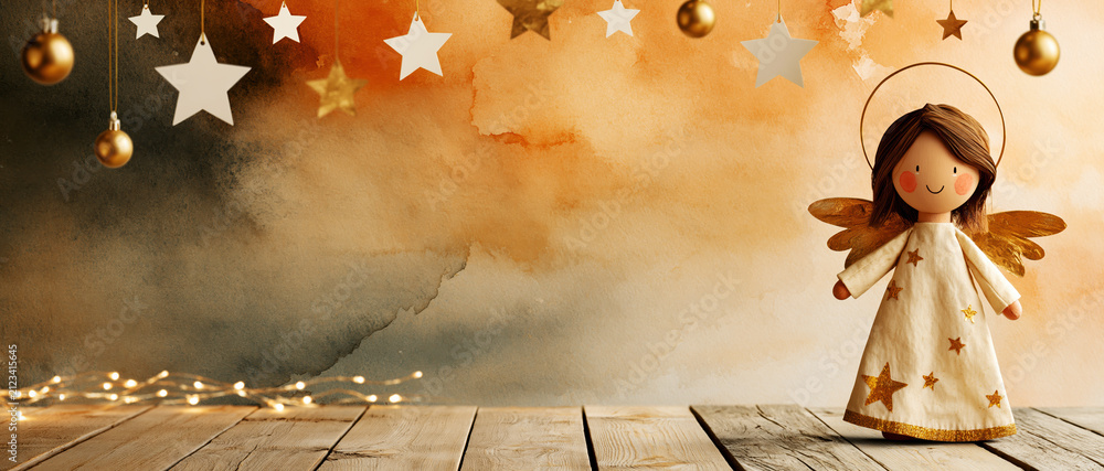 Obraz premium Cute Christmas Angel Watercolor Background – AI Generative