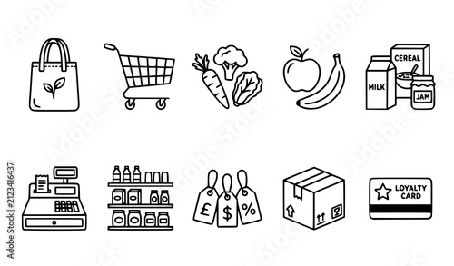 Supermarket outline icon set vector collection for grocery and retail business
