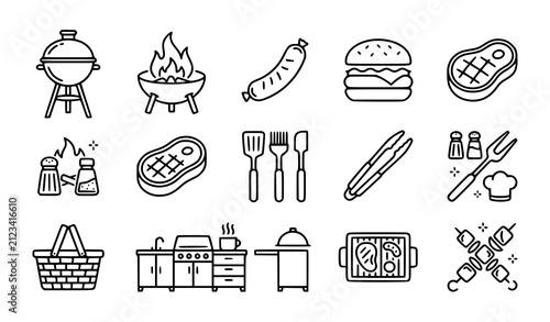 Barbecue grill line icons vector set with outdoor cooking and picnic food symbols