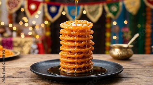 Stack of fresh sweet jalebi with syrup on a dark plate