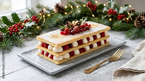 Christmas festive layer cake with berries on a wooden table