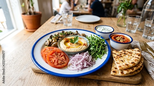 Fresh hummus plate with pita bread and vegetables on a table
