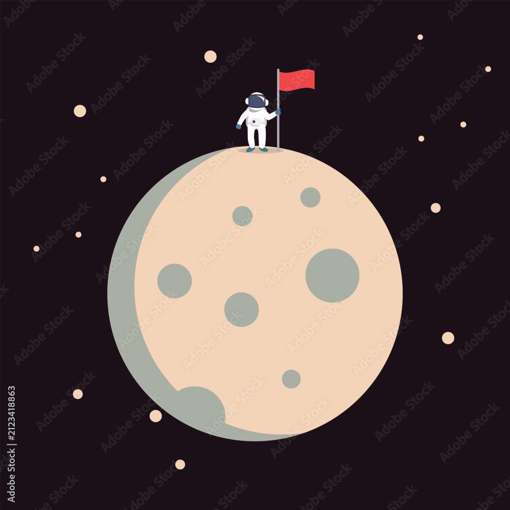 Fototapeta premium Flat Style Astronaut Standing on Moon Surface with Flag Space Exploration Illustration