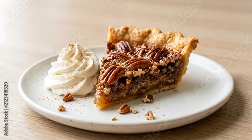 Slice of delicious pecan pie with whipped cream on a plate