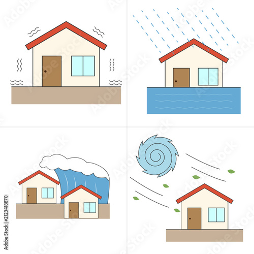 自然災害（地震・洪水・津波・台風）の被害に遭う住宅のイラストセット