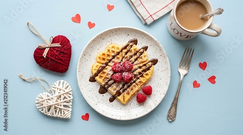 Waffles with chocolate and raspberries for valentines day