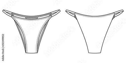 Women’s thong underwear fashion design front and back view with lace mesh waistband seam detail garment sketch, flat vector illustration
