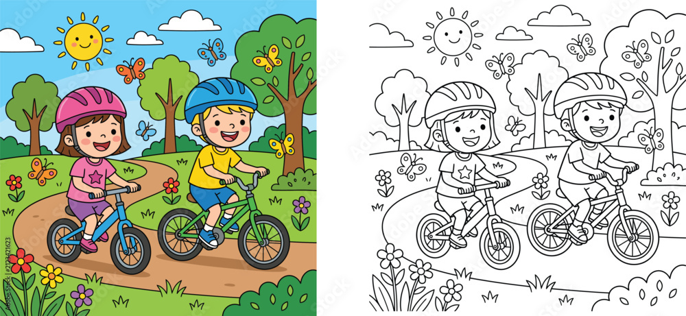 Fototapeta premium Children Riding Bicycles in Park Illustration with Coloring Page Line Art Outline Vector