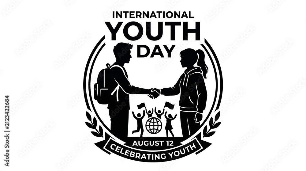 Obraz premium Black-and-white emblem featuring two figures shaking hands to symbolize youth collaboration on International Youth Day.