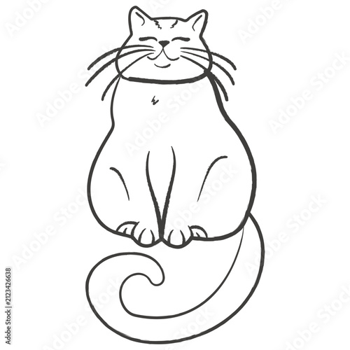 Vector linear illustration of happy sitting cat. Minimalist black line art sketch of smiling domestic pet with closed eyes isolated on white background for sticker sheets apparel prints coloring pages