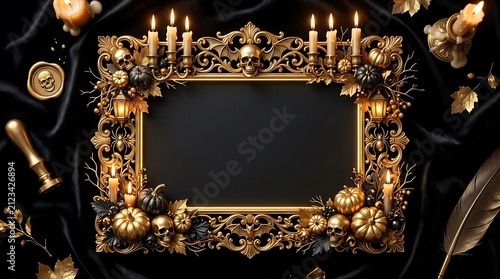 Luxury Halloween invitation frame. Elegant gold border with skulls and pumpkins.