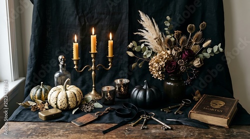 Halloween table decor with candles and pumpkins. Gothic autumn centerpiece on black fabric.