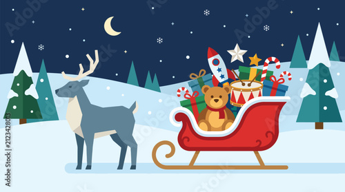 Merry Christmas winter holiday scene with Santa Claus's sleigh full of Christmas gifts and a reindeer in a snowy