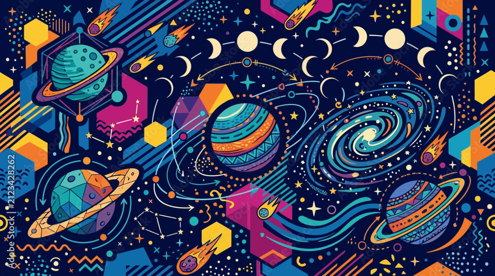 Naklejka premium Abstract retro space seamless pattern with planets moon phases and stars