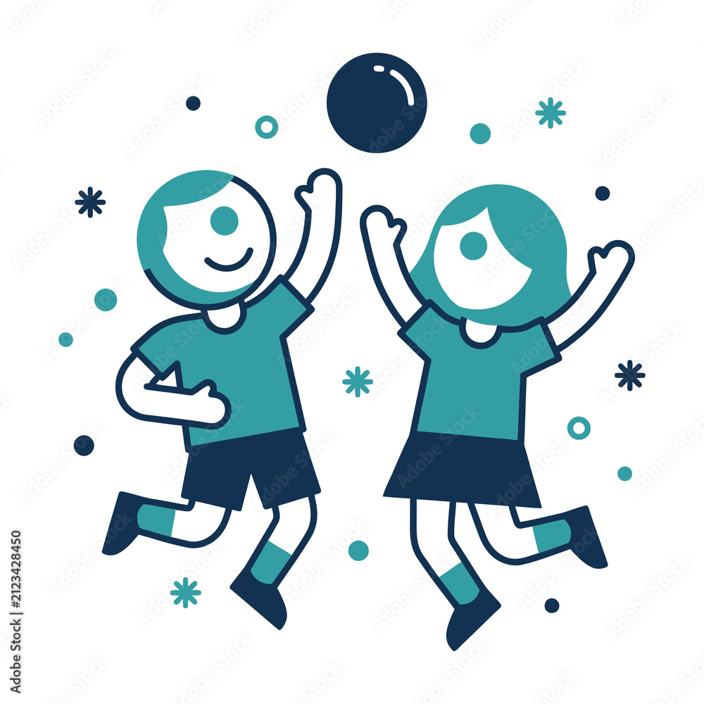 Fototapeta premium Happy Boy and Girl Playing with a Ball Together in a Simple Minimalist Style