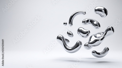 Abstract 3D Liquid Chrome Metal Shapes Floating in Minimalist White Background Environment