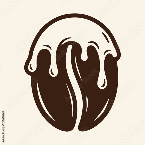 Coffee bean with melting cream or syrup icon for dessert and cafe menu illustration