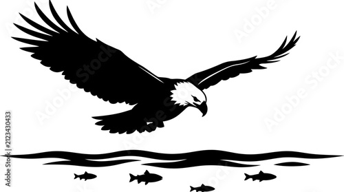 Cuadro en lienzo Bald eagle silhouette flying low over water waves hunting for fish swimming underneath, predatory bird of prey wildlife nature vector illustration