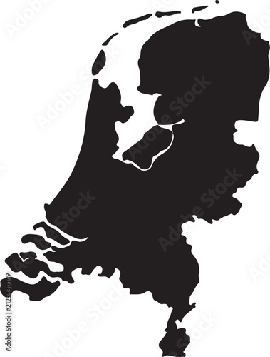 Black silhouette map of the Netherlands country outline graphic for travel and geography concepts isolated on white background