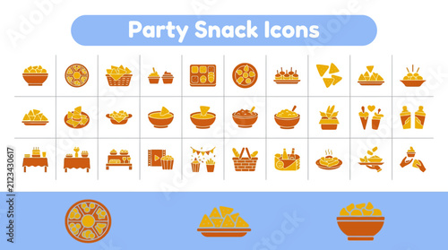 Collection of Flat Design Party Snack Icons Featuring Various Appetizers and Festive Food Servings for Celebrations and Social Gatherings