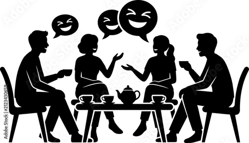 Group of friends, sitting at table, drinking tea, laughing together, social gathering, coffee shop, black silhouette, vector illustration creative design.
