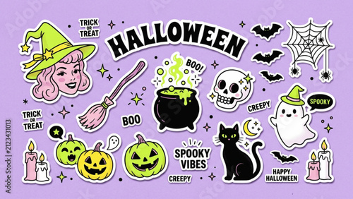 Collection of cute Halloween themed stickers featuring a witch cauldron skull pumpkins cat and ghost on a light purple background for festive scrapbooking and digital decoration.