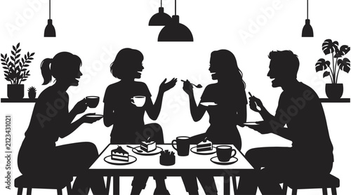 Silhouette of four friends sitting at a cafe table, laughing while eating cake and drinking coffee, enjoying a social gathering.
