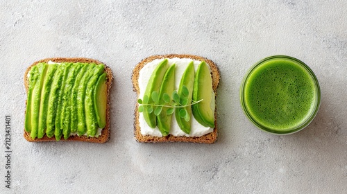 Avocado toast with cheese and sliced fruits alongside a green smoothie on a light background