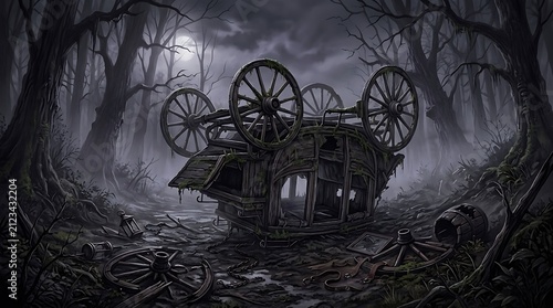 Overturned wooden carriage in a dark forest. Wrecked vintage wagon in misty woods.