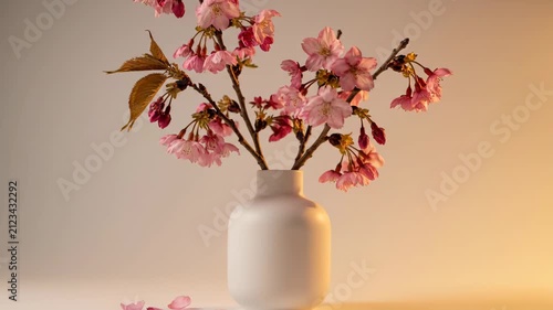 Minimalist Studio Still Life of Pink Cherry Blossom (Sakura) Branches in a White Vase with Fallen Petals on a Neutral Background