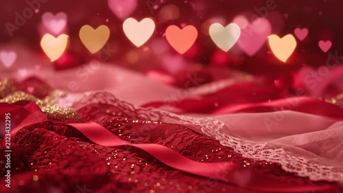 Romantic Red Luxury Background with Bokeh Heart Lights and Silk Ribbons. Elegant Texture, Glitter, and Lace for Valentine's Day, Wedding, or Anniversary Celebration.