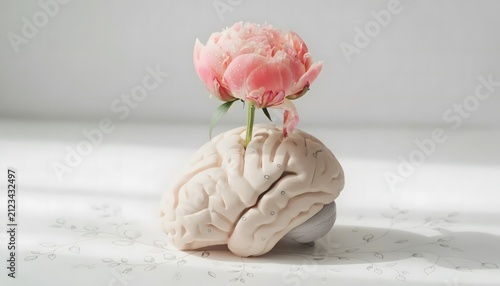 Conceptual image of a blooming pink peony flower growing from a human brain for mental well-being