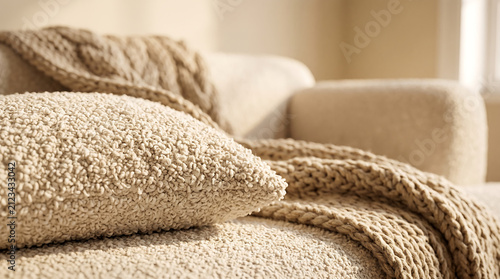 Close-up cream boucle cushion with oatmeal knit throw, warm morning golden light, shallow depth of field, individual loops visible, soft sofa blur