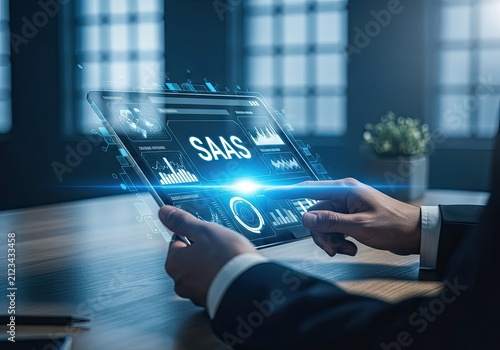 Modern Business Person Interacting with Futuristic SaaS Technology Interface.