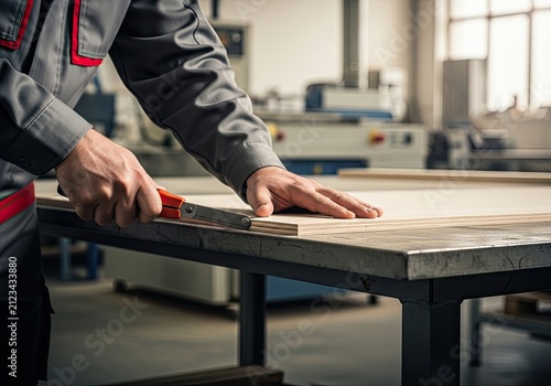 Carpenter Measuring Wood on Workbench in Workshop.
